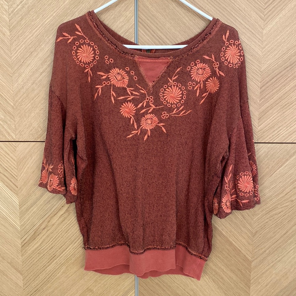 Free People Embroidered Pullover Top with Flutter Sleeves XS